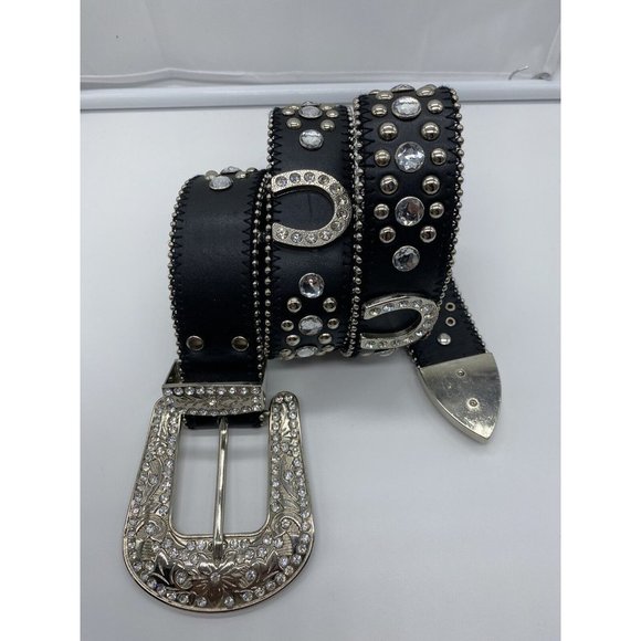 Women's Leather Rhinestone Western Belt Size S Black with Horse Shoes 50119 - Picture 3 of 9